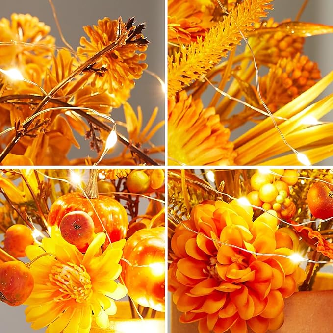 Thanksgiving Centerpiece Fall Table Flower - 2 Pack Lighted Realistic Artificial Table Plant with Western Modern Boho Rustic Aesthetic Bouquet Fall Decor Gift for Home Farmhouse-Ruum Studio Home