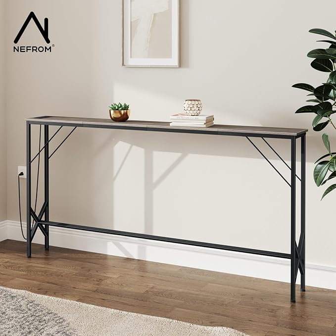 63'' Console Table, Skinny Entryway Table with Fast-Charging Station, Narrow Long Sofa Table, Behind Slim Couch Table for Entrance, Hallway, Living Room Decor ST-GY160-1-Ruum Studio Home