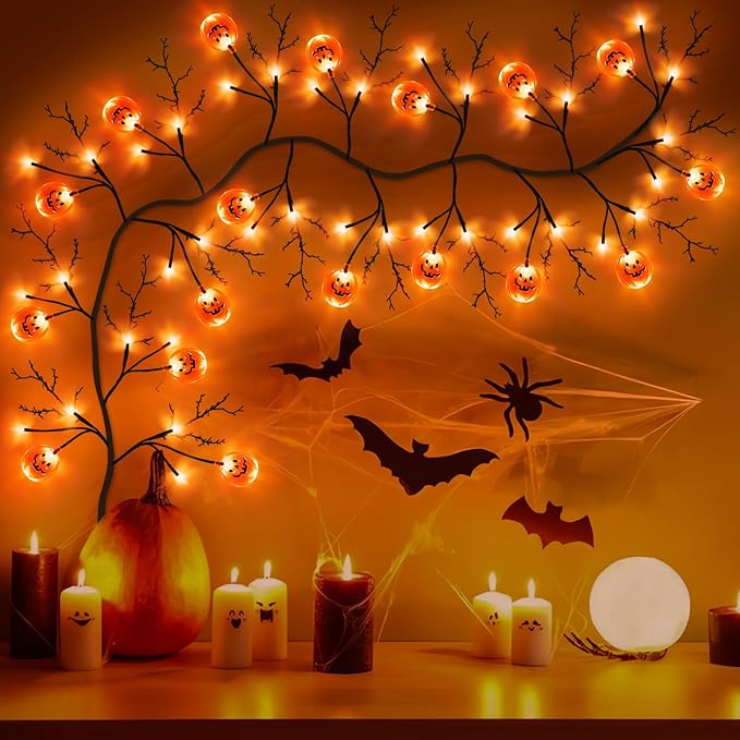 7 Ft 63 LED Halloween Decorations Willow Vine Twig Garland with 8 Modes Timer 21 Pumpkin Orange Lights, Halloween Garland with Waterproof Battery Operated for Indoor Wall Fireplace Decorations-Ruum Studio Home