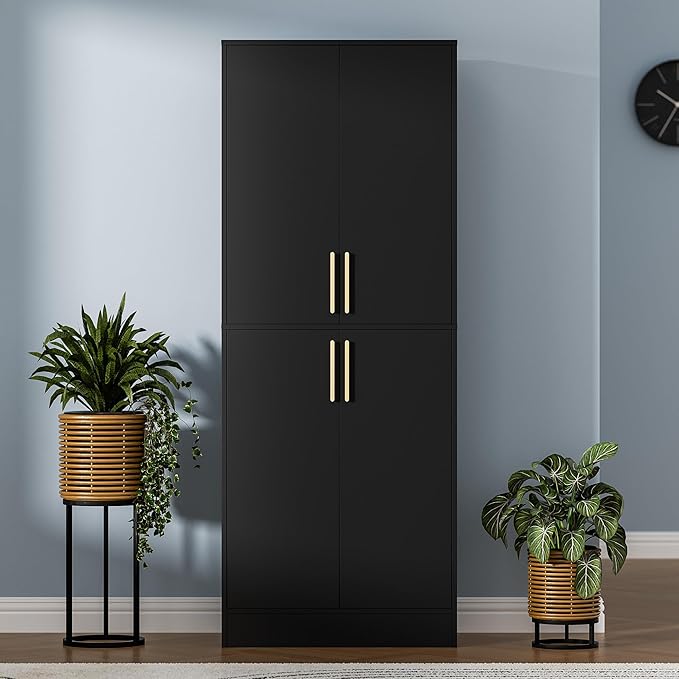 71" Tall Pantry Cabinet, 4 Doors Kitchen Pantry Storage Cabinet, Freestanding Larder Cupboard, Kitchen Hutch with Gold Handles for Dining Room, Bathroom, Black-Ruum Studio Home