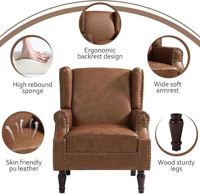 Accent Chairs, Faux Leather High Back Armchair setof 2 or Living Room, Comfy Upholstered Single Sofa Reading Chairs with Solid Wood Legs for Office, Bedroom, Waiting Room-Leather Brown-Ruum Studio Home