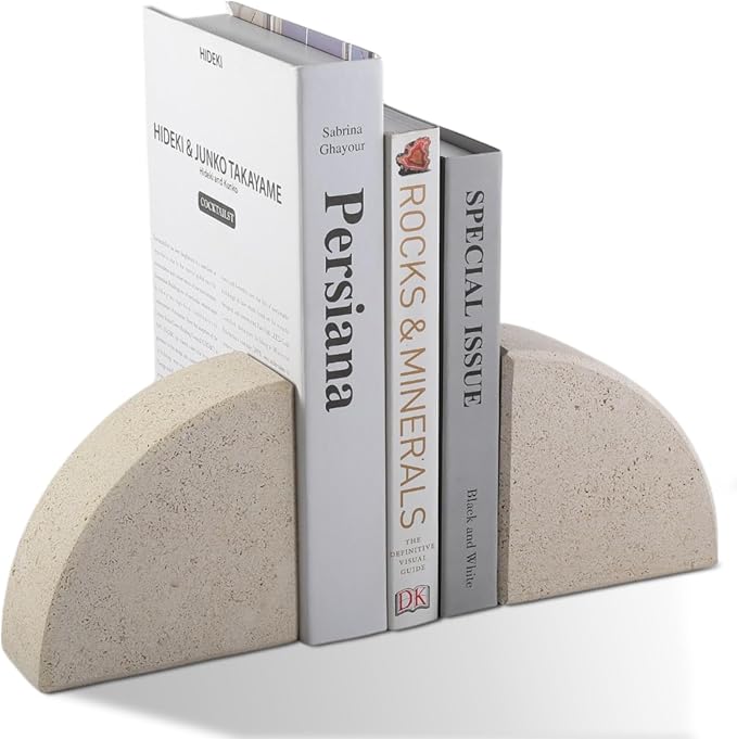 Marble Bookend for Shelves, Non-Skid Bookends for Heavy Books, Heavy Duty Book Stopper for CDs, Luxury Book Shelf Holder, Quarter Circle Design Book Ends Decorative, Moleanos Beige, Set of 2-Ruum Studio Home