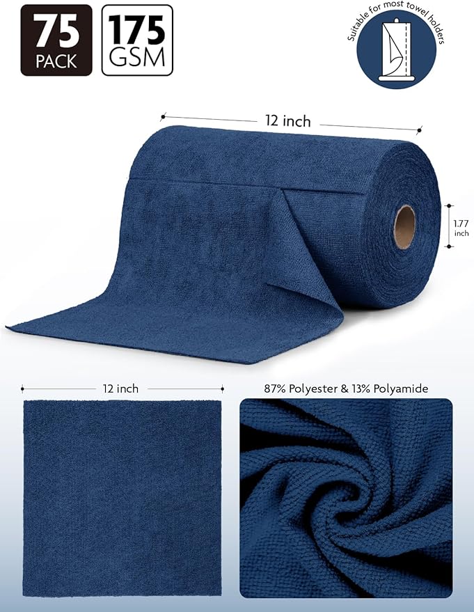 Fantasticlean Microfiber Cleaning Cloth Roll -75 Pack, Tear Away Microfiber Towels, 12" x 12", Reusable, Washable, Scratch Free, Ultra Absorbent Dish Rags for Car, Home, Garage or Shop (Navy Blue)-Ruum Studio Home