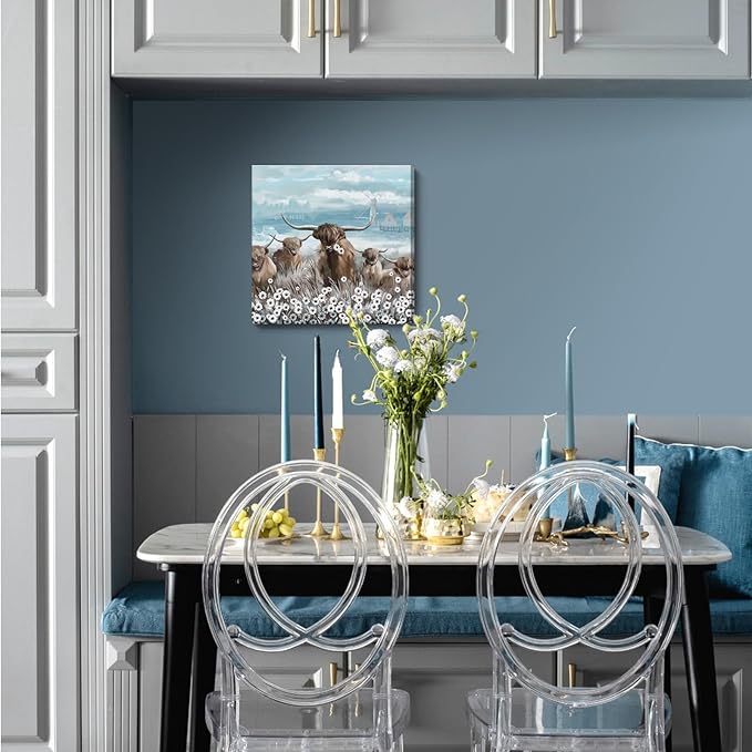 Canvas Wall Art Bathroom Coastal Boho Farmhouse Highland Cow Flower Picture Floral Artwork Rustic Country Landscape Longhorn Animal Painting for Living Room Bedroom Kitchen Décor Blue Brown Small-Ruum Studio Home