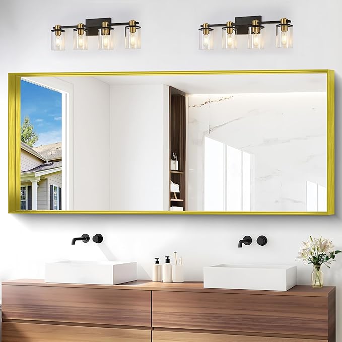 Gold Bathroom Mirror, 72x30 Inch Rectangular Framed Mirror, Large Wall Mounted Bathroom Vanity Mirror Over Sink for Bedroom,Restroom, Living Room, Hangs Vertically or Horizontally-Ruum Studio Home