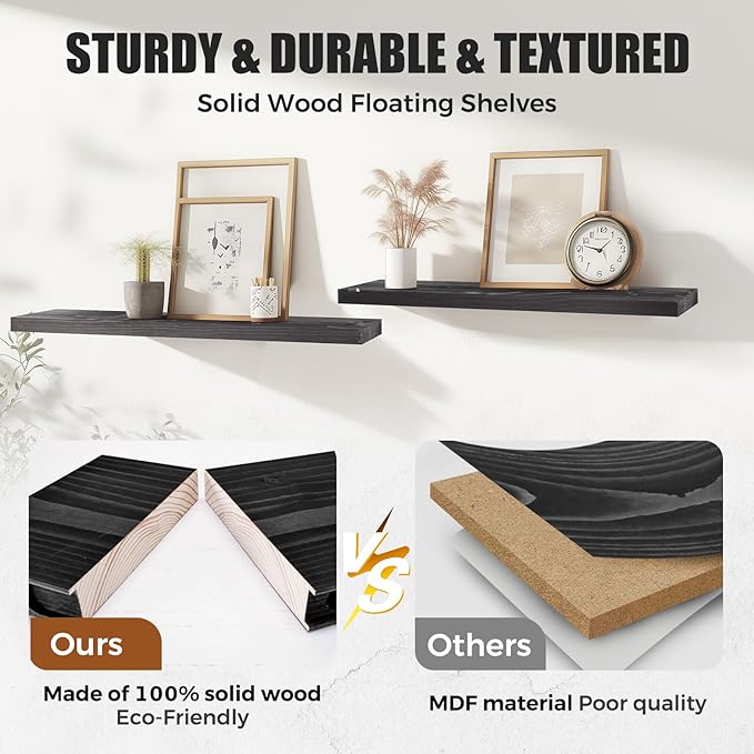 Floating Wall Shelves 3-Pack - 24-Inch Rustic Black Wooden Shelves for Storage and Décor, Easy Installation for Living Room, Bedroom, and Kitchen-Ruum Studio Home