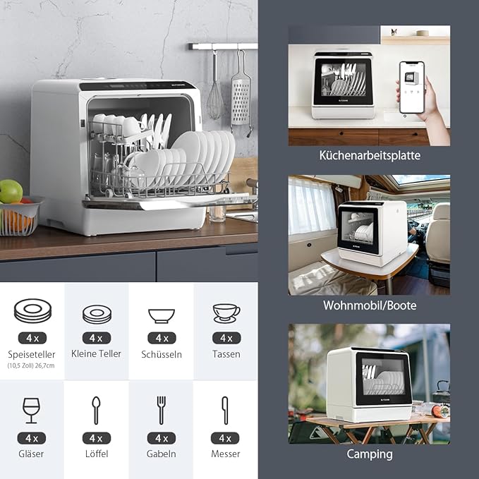 Portable Dishwasher Countertop, WIFI Smart Dishwasher, Compact Mini Dishwashers with 5L Built-in Water Tank, 6 Programs, 360° Dual Spray, High-Temp& Air-Dry Function, Fruit Cleaning-Ruum Studio Home