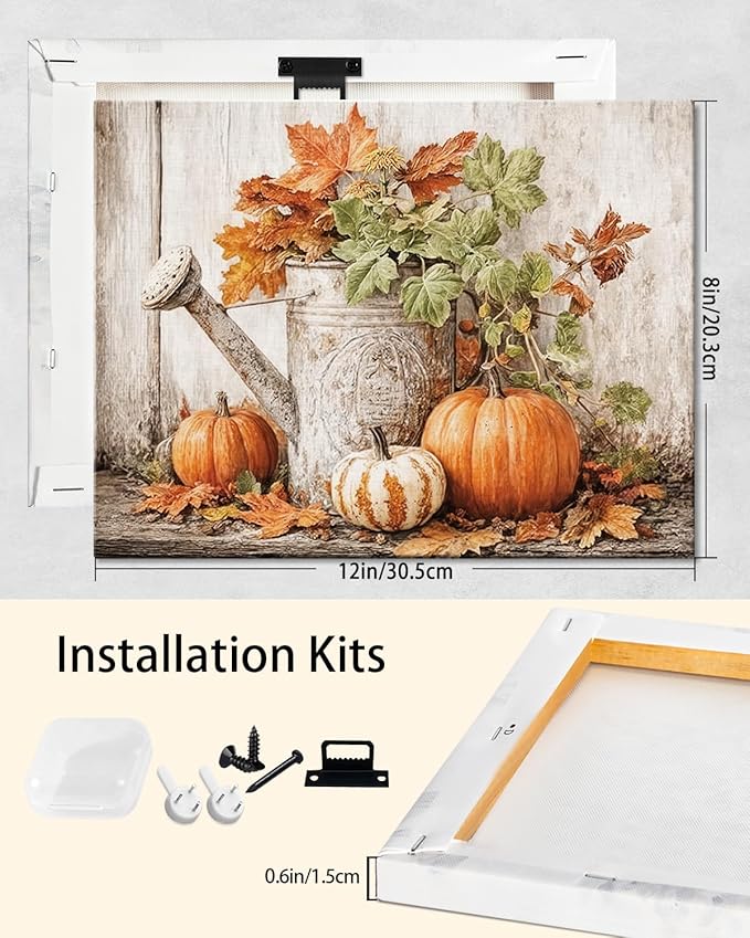 Autumn Pumpkin and Watering Can Canvas Wall Art, Rustic Fall Leaves Print Farmhouse Picture for Thanksgiving Decorations, Fall Wall Art Decor Ready to Hang-Ruum Studio Home