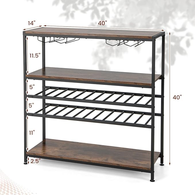 GOFLAME Industrial Wine Rack Table, Wine Bar Cabinet with 2-Tier Wine Rack, 4 Row Glass Holder and Storage Shelves, Freestanding Floor Liquor Storage Stand for Kitchen, Dining Room, Rustic Brown-Ruum Studio Home