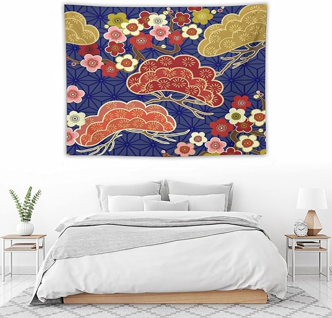 HZOHNAGO Japanese Tapestry Art Abstract Colorful Cherry Blossom Blue Background Pattern Printed Wall Tapestry Painting Wall Hanging for Bedroom Living Room Dorm 40" W x 30" H-Ruum Studio Home