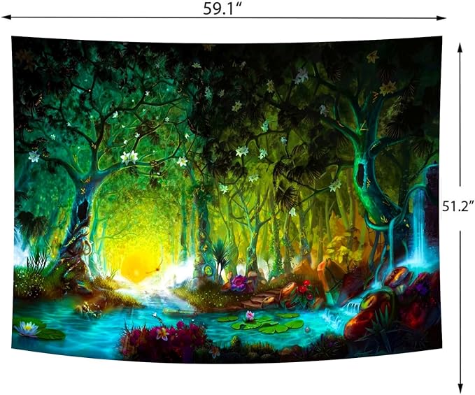 Delur Fantasy Forest Tapestry Mystical River Enchanted Magical Fairy Tale Tree Tapestry Sunrise Landscape Sunset Nature Psychedelic Wall Hanging Headboard for Bedroom Living Room Home Decor (51.2" x 59.1")-Ruum Studio Home
