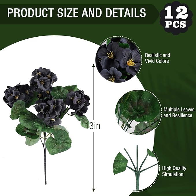 Hananona 12 Bundles Artificial Geranium Flowers for Outdoors Black Silk Geranium Flowers Outdoor UV Resistant Plants Faux Black Flower for Home Kitchen Halloween Table Centerpieces Decor (12, Black)-Ruum Studio Home