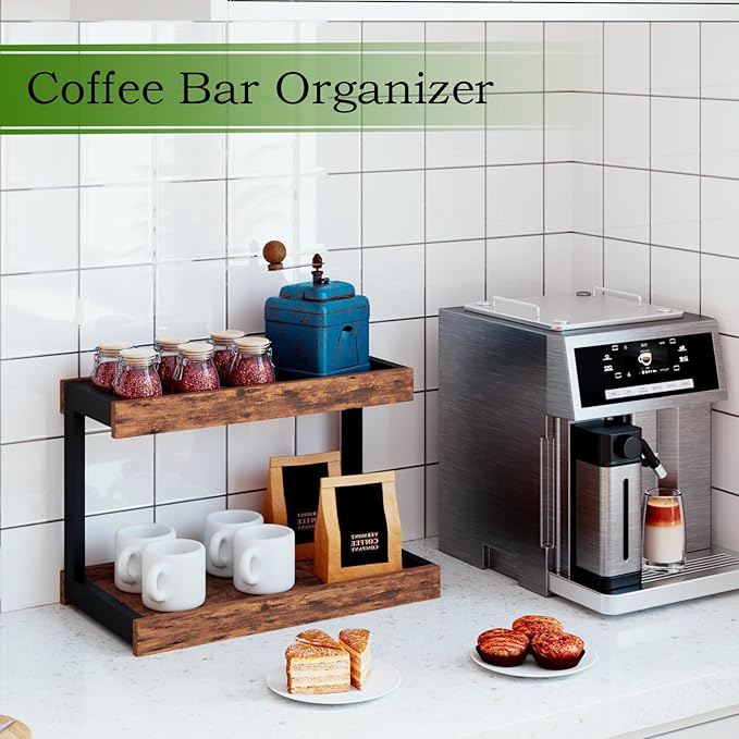 MARTY 2 Tier Spice Rack Organizer for Countertop, 15.8''L Coffee Station/Bathroom Organizer Countertop, Counter Shelf Desktop Storage Organizer for Kitchen, Bedroom, Office (Rustic Brown)-Ruum Studio Home