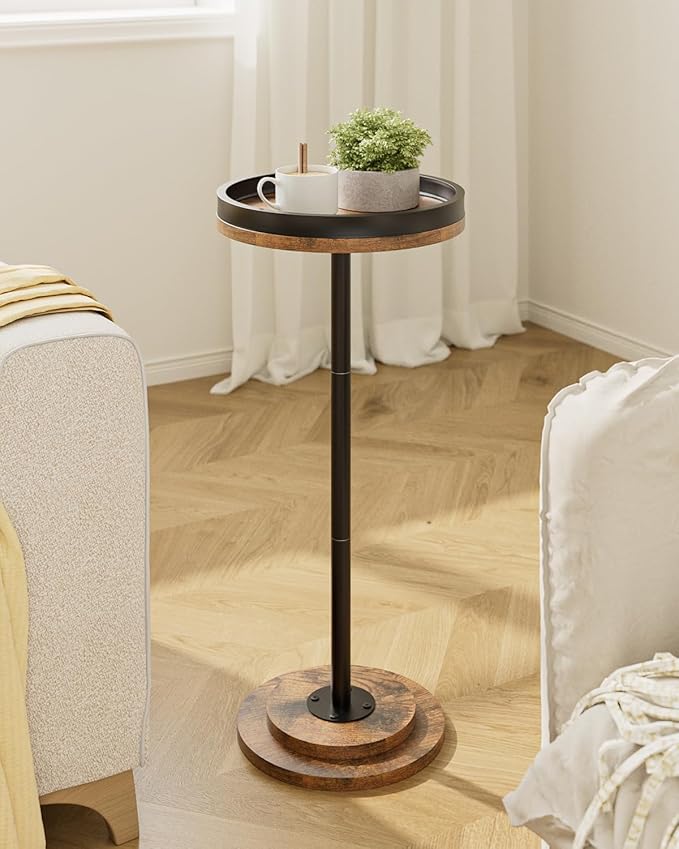 Masupu Drink Table, Round Side Table for Small Spaces, Pedestal Small End Table with Metal Base, for Living Room, Bedroom, Bathroom, Rustic Brown+Black(Lip)-Ruum Studio Home