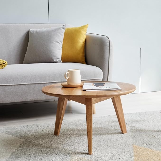 100% Solid Oak Wood Mini Coffee Table, Round Living Room Table Side Table w/Solid Wood Legs, Walnut Mid Century Sturdy Tables for Bedroom Balcony Living Room (23.62" D x 13.78" H)-Ruum Studio Home