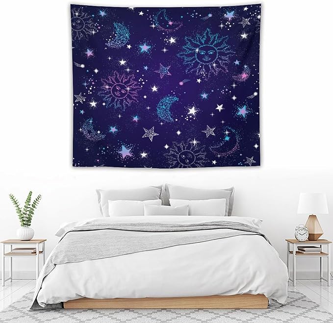 HZOHNAGO Boho Sun Moon Tapestry Purple Blue Sun Stars Galaxy Pattern Printed Wall Tapestry Wall Hanging for Bedroom Living Room Dorm 60" W x 50" H-Ruum Studio Home