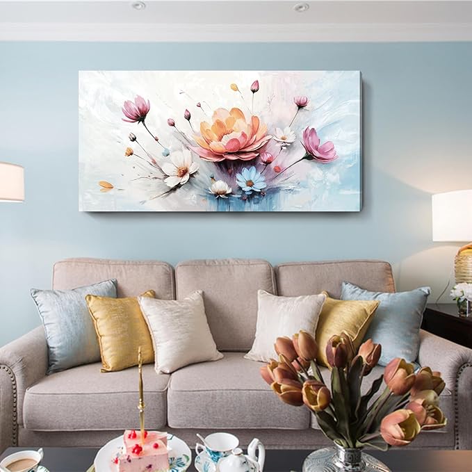 amatop Large Floral Wall Art – Modern Pink White and Blue Abstract Colorful Flower Bouquet Print Large Botanical Canvas Picture Nature Artwork Wall Decor for Living Room Bedroom Office 48x24 inch-Ruum Studio Home
