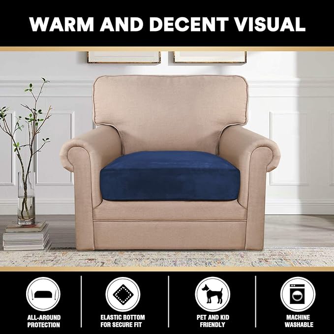 PrinceDeco Stretch Velvet Couch Cushion Cover,Soft Fitted Cushion Slipcover for Arm Chair Sofa Cushion Furniture Protector Seat Cushion Sofa Cover Width Up to 29.5", Navy-Ruum Studio Home