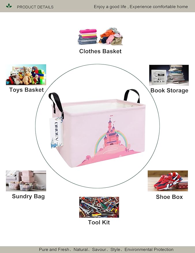 Rectangular Folding Laundry Basket,waterproof Canvas Basket,gift basket,Suitable for children's room,Office,Clothes,Toys Storage(Pink Castle)-Ruum Studio Home