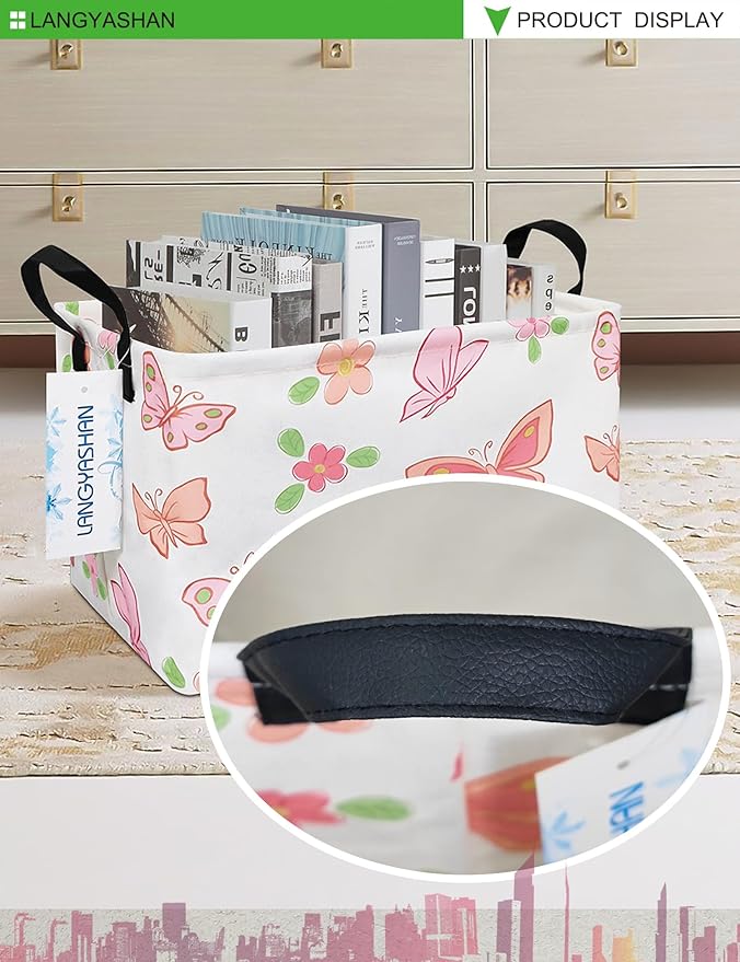 LANGYASHAN Rectangular Storage Bin Collapse Canvas Fabric Cartoon Storage Basket with Handles for Organizing Home Kitchen Boys and Girls Toys Office Closet Shelf Baskets (Rec Pink Butterfly)-Ruum Studio Home