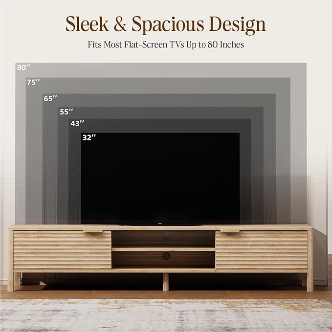 TV Stand for Living Room - up to 80 Inch TVs Mid Century Modern Entertainment Center with Storage and Adjustable Shelves, Media Console Table Oak 70"-Ruum Studio Home