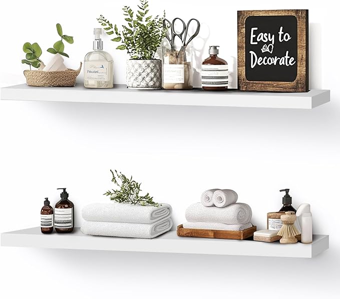 Floating Wall Shelves 2-Pack - 24-Inch Rustic White Wooden Shelves for Storage and Décor, Easy Installation for Living Room, Bedroom, and Kitchen-Ruum Studio Home