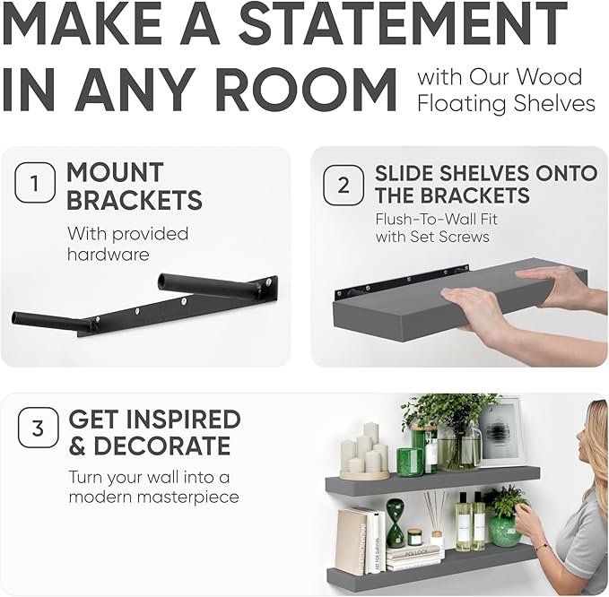 Homeforia Gray Floating Shelves for Wall, Premium Solid Wood Grey Shelf, Grey Bathroom Shelves, Heavy Duty Bracket, 30 x 6.5 x 1.75 inch, Set of 2-Ruum Studio Home