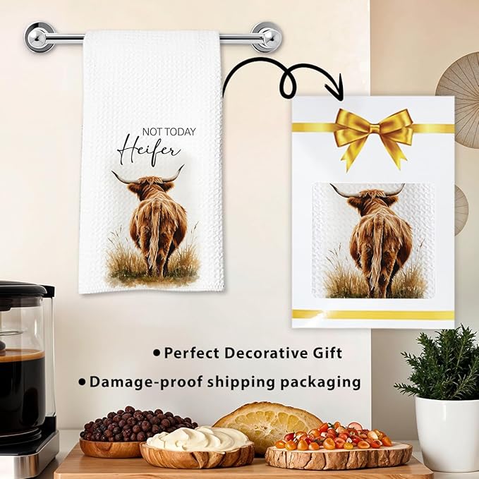 Not Today Heifer Highland Cow Hand Towels for Farmhouse Kitchen Bathroom Decor | Funny Waffle Weave Microfiber Dish Towel Western Gift-Ruum Studio Home