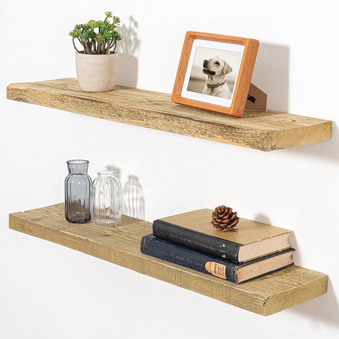 Fun Memories Floating Shelves for Wall Decor, 30"x8" Rustic Reclaimed Wood Shelves, Heavy-Duty Wall Mounted Shelves with Invisible Brackets, Set of 2for Living Room, Bedroom, Kitchen, Natural Finish-Ruum Studio Home