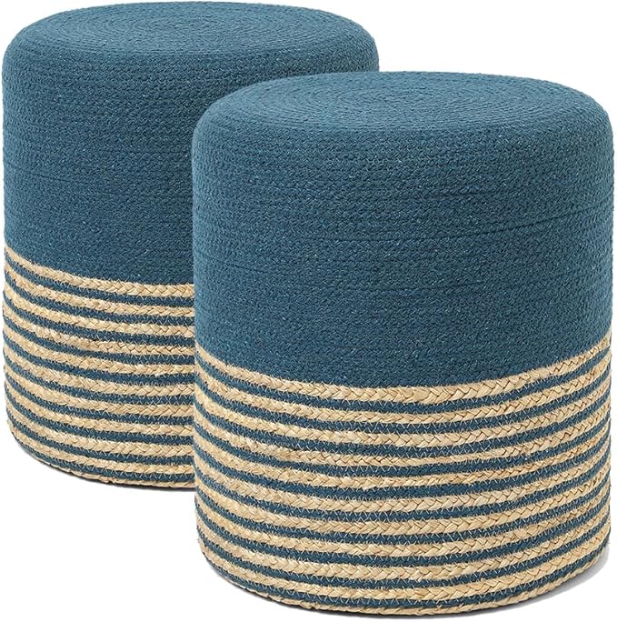 REDEARTH · Cylindrical Pouf Foot Stool Ottoman - Jute Braided Pouffe Poof Accent Sitting Footrest for Living Room, Bedroom, Nursery, Patio, Lounge Set of 2 (Teal Natural, 14.5"x14.5"x16")-Ruum Studio Home