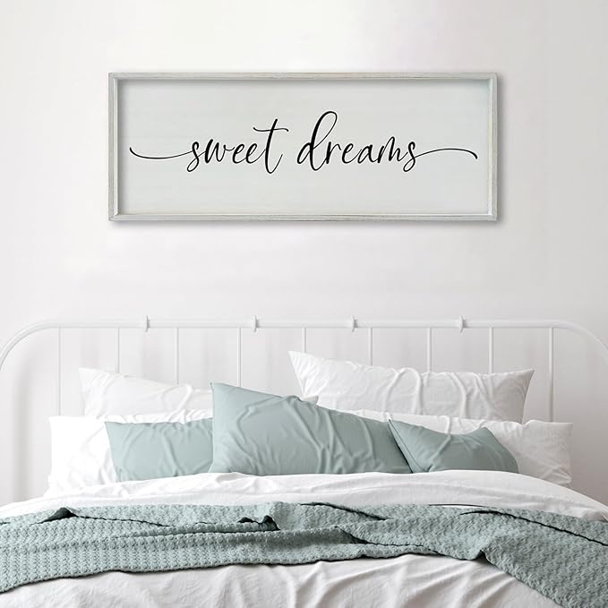 SRSZHIYUE Sweet Dreams Above Bed Wall Decor, 40"x15" Large Rustic Master Bedroom Over Bed Sign Guest Room Couples Wood Framed Farmhouse Horizontal Hanging Decoration (White)-Ruum Studio Home