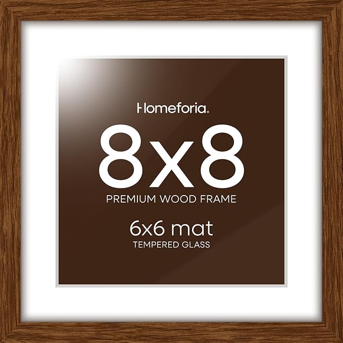 Homeforia 8x8 Picture Frame Brown, High-End Dark Oak 8 x 8 Square Brown Wood Frame with Mat 6 by 6 for Art, 8by8 Wooden Walnut Poster Frame Matted to 6x6 inch Photo, Tempered Glass, Wall Kit, Set of 1-Ruum Studio Home