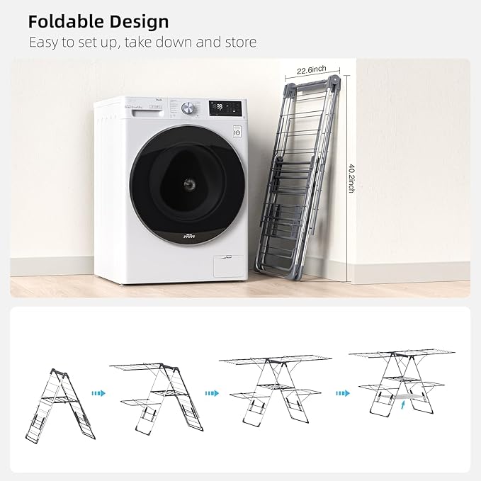 Clothes Drying Rack, Foldable 2-Level Laundry Racks for Drying Clothes Rack,Stainless Steel Drying Rack Clothing Collapsible for Indoor Outdoor,with Height-Adjustable Wings,33 Drying Rails,Gray-Ruum Studio Home
