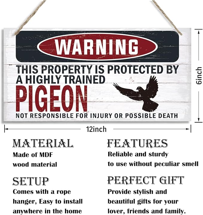 Warning Sign, Pigeon Warning Wood Plaque Sign, Funny Door Signs, Decorative Wood Hanging Suspension Plaque, Farmhouse Wooden Wall Decor, Outdoor Hanging Wooden Signs-Ruum Studio Home