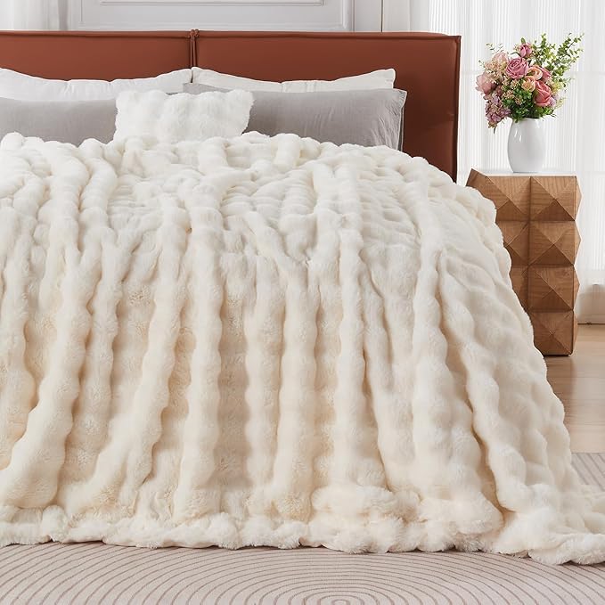 Lotus Karen Queen Size Faux Fur Blanket - Cream White Big Bubble Rabbit Fluff, 90x90 Inches-Ruum Studio Home