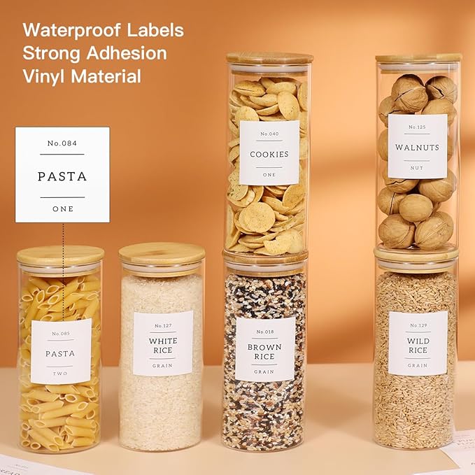 6 Pack Glass Jar with Airtight Bamboo Lid and White 132 Kichen Pantry Labels Preprinted - 28 Oz Clear Round Glass Food Storage Containers set For Tea Coffee Bean Cookie-Ruum Studio Home