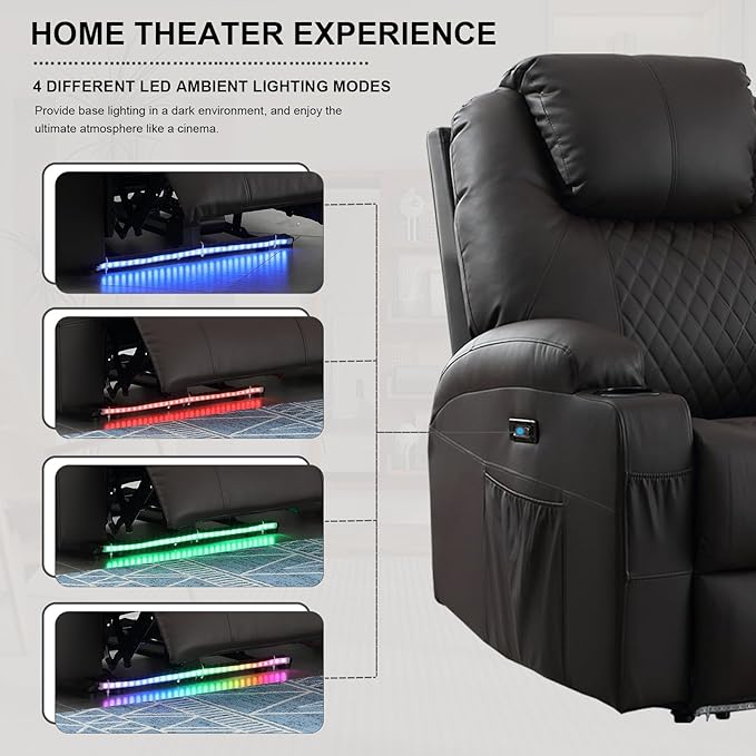 Power Recliner Chair with Heat and Massage, PU Leather Home Theater Seating with LED Lights/Cup Holders/Side Pocket/USB Port, Reclining Sofa Chair for Living Room (1, Brown)-Ruum Studio Home