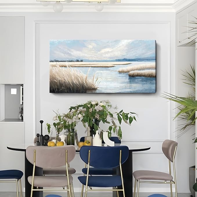 amatop Large Coastal Wall Art Abstract Landscape Beach Ocean Marsh Canvas Print Calming Soft Blue and Beige Wetland Picture Minimalist Neutral Nature Artwork for Bedroom Living Room Office 48x24-Ruum Studio Home