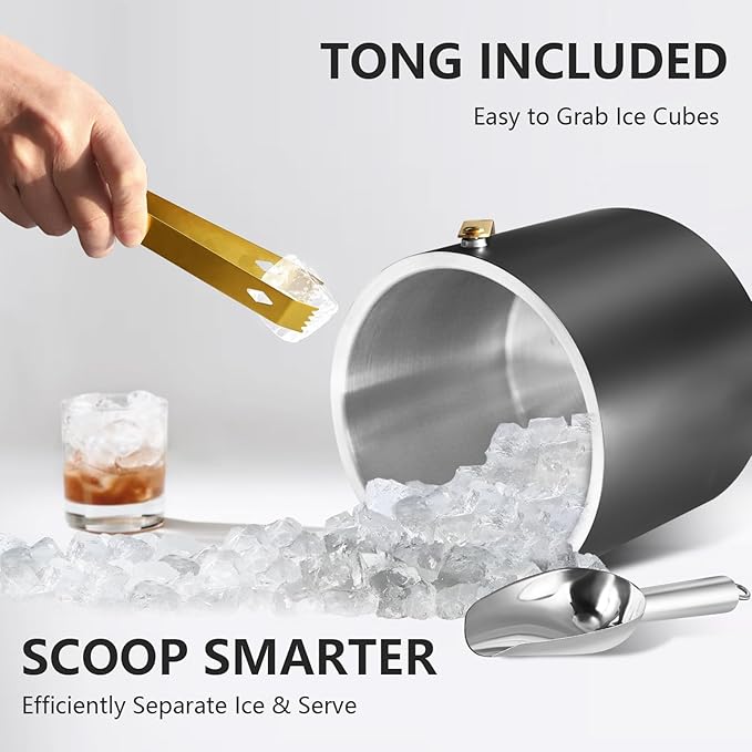 4L Ice Bucket with Silicone Lid, Scoop, Gold Tongs & Strainer, Stainless Steel Double Wall Insulated Ice Buckets for Parties & Cocktail Bar Outdoor Champagne Ice Container Bin, Black-Ruum Studio Home