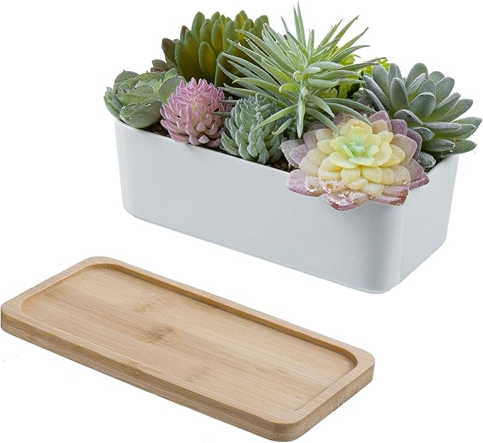 MyGift Assorted Artificial Succulent Plant Arrangement Potted in White Ceramic Planter Pot with Removable Bamboo Tray-Ruum Studio Home