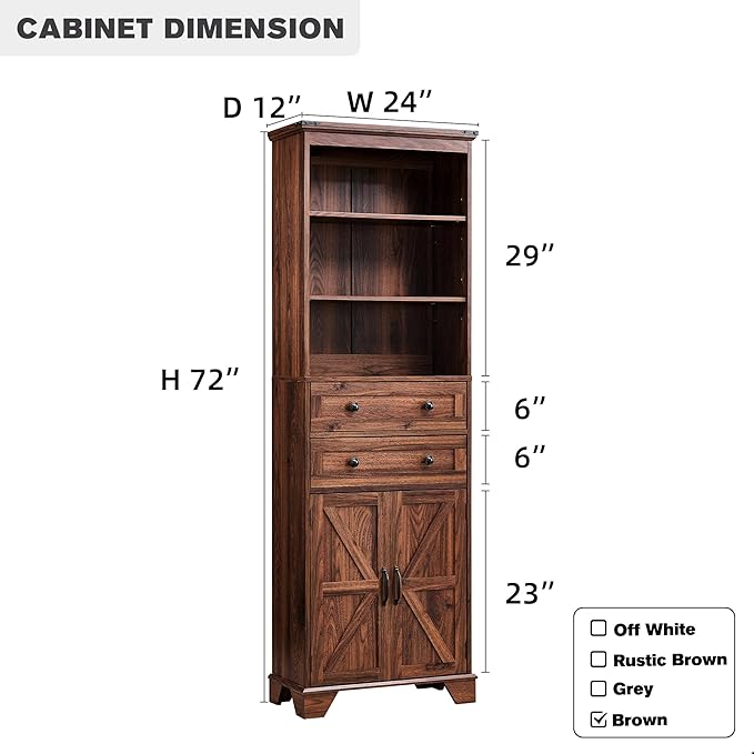 72" Tall Bathroom Storage Cabinet, Farmhouse Storage Cabinet with Adjustable Shelves, Barn Door & 2 Drawers, Cabinet for Bathroom, Living Room & Kitchen, Brown-Ruum Studio Home