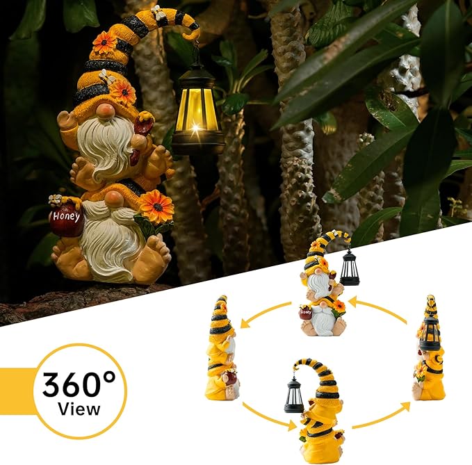 Solar Bee Garden Gnomes with LED Lantern – Waterproof Stacked Outdoor Decor for Yard, Patio – Unique Gnome Gift for Mom, Grandma, Women (Weatherproof Resin Outdoor Statues)-Ruum Studio Home