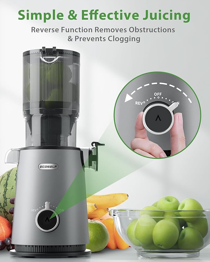 Cold Press Juicer, ECOSELF Juicer Machines with 4.35" Large Feed Chute Fit Whole Fruits & Vegetables, Self Feeding for Juice Extractor Machine, Easy to Clean and Assemble, High Juice Yield-Ruum Studio Home