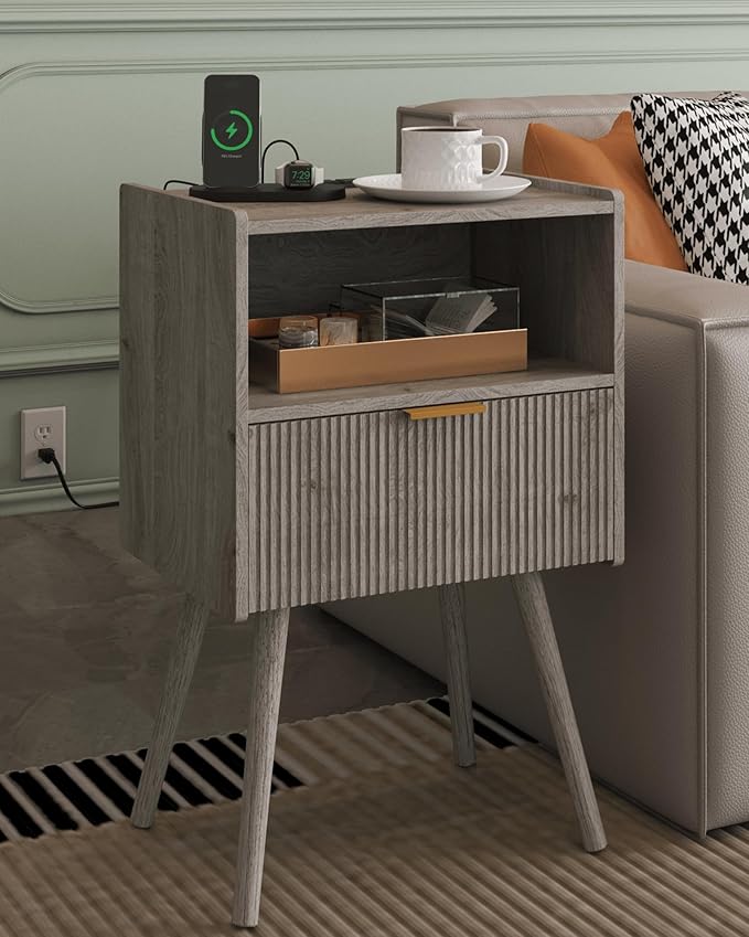 Nightstand,Modern Bedside Table with Storage Drawer and Open Wood Shelf, Accent Night Stand with Solid Wood Legs for Living Room, Bedroom and Small Spaces,Easy Assembly (Grey Oak-Outlet)-Ruum Studio Home