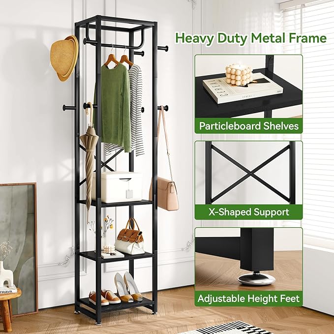 IBUYKE Coat Rack with Shelves, Freestanding Hall Tree with 3 Shelves and 8 Hooks, Industrial Clothes Stand for Entryway, Hallway, Bedroom, Black UTMJ088B-Ruum Studio Home