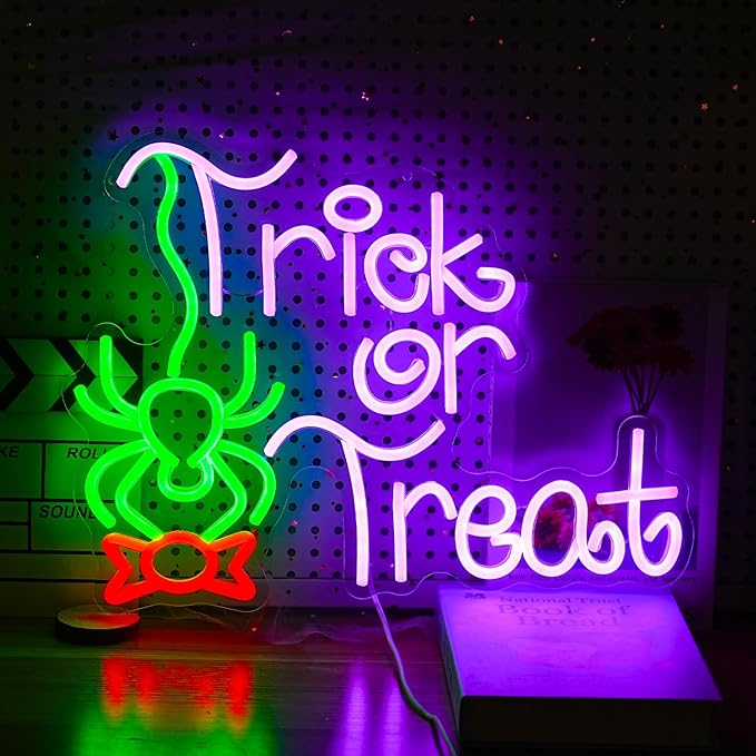 Trick Or Treat Neon Sign Funny Spider Candy LED Neon Light for Wall Decor Dimmable USB Halloween Light Up Sign for Halloween Party Home Neon Decor (16.7 * 12.8In)-Ruum Studio Home