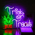 Trick Or Treat Neon Sign Funny Spider Candy LED Neon Light for Wall Decor Dimmable USB Halloween Light Up Sign for Halloween Party Home Neon Decor (16.7 * 12.8In)-Ruum Studio Home