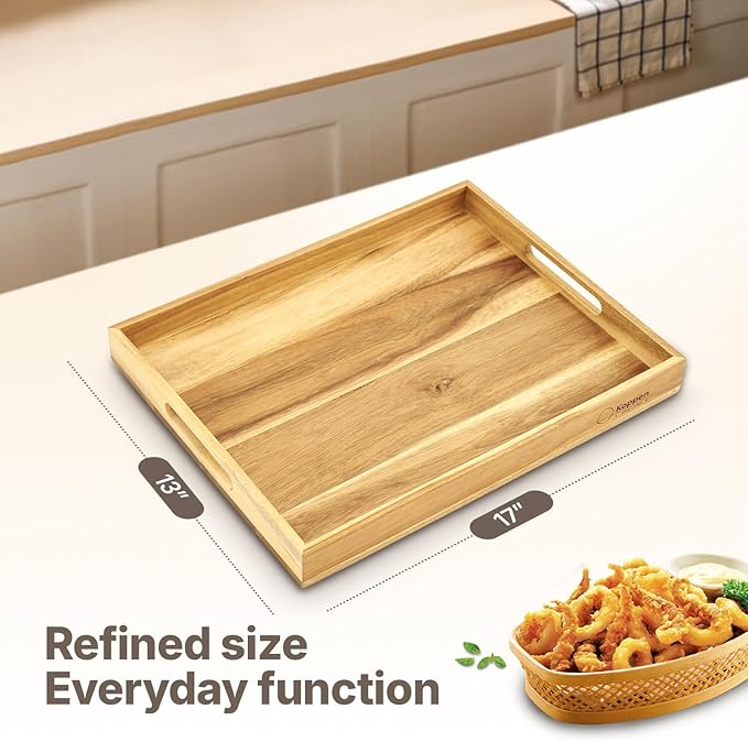 Koppen Acacia Wood Serving Tray with Handles, 17" x 13.86", Large Wooden Platter for Breakfast, Ottoman Tray for Party, Snacks, Fruit, Coffee Table, Living Room, Sofa, Bed, Outdoor-Ruum Studio Home