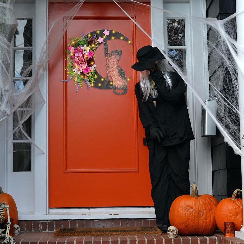 Halloween Wreaths for Front Door with Light, Black Cat Crescent Moon Wreath, Cute Cat Garland Halloween Door Decorations for Outdoor Indoor Decor Wall Window Home Party-Ruum Studio Home