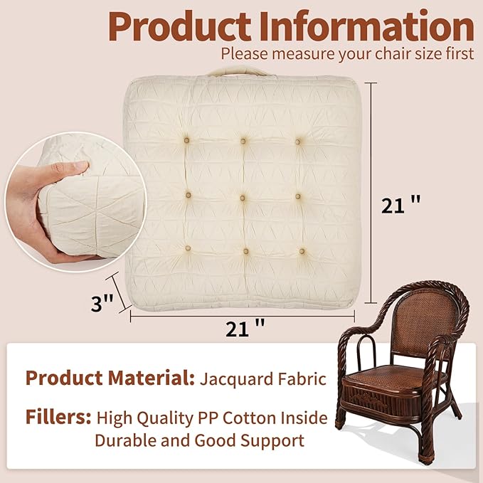 Large Chair Cushions with Handle, 20"x 20" Bite-Size Memory Foam Seat Cushions for Wicker Chair, Patio Non-Slip Rattan Chair Pads, Square Floor Cushion, Beige-Ruum Studio Home